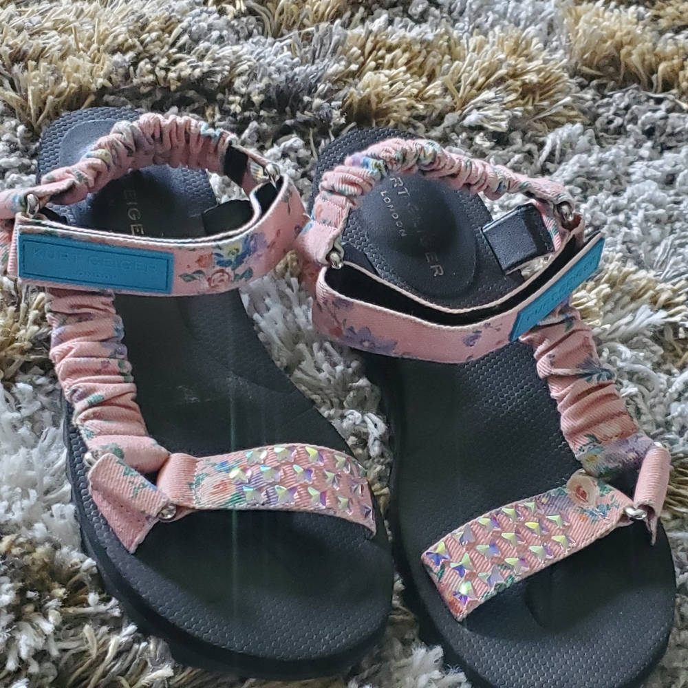 Kurt Geiger Pink Floral Strap Sandals with Blue Logo Tab